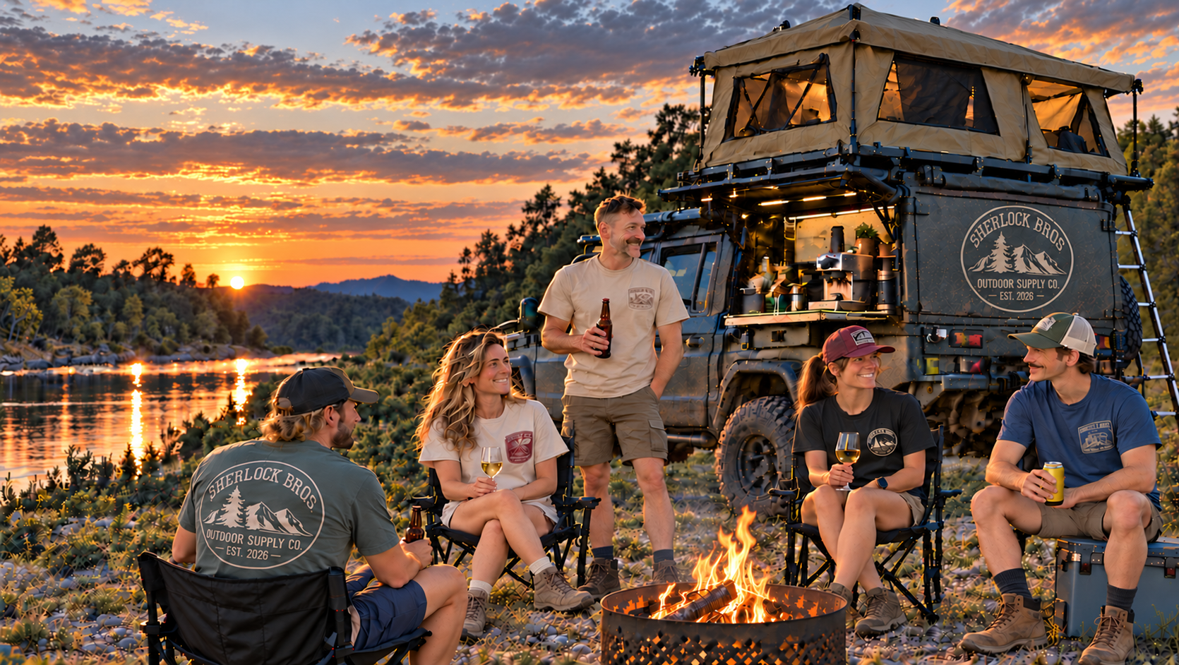 Sherlock Bros friends around a sunset campfire beside a dusty branded canopy ute with rooftop tent and coffee setup