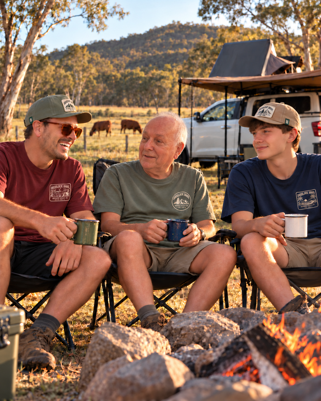 Campaign concept inspired by family photographs: three generations sharing a laugh at a bush campsite with cattle in the paddock