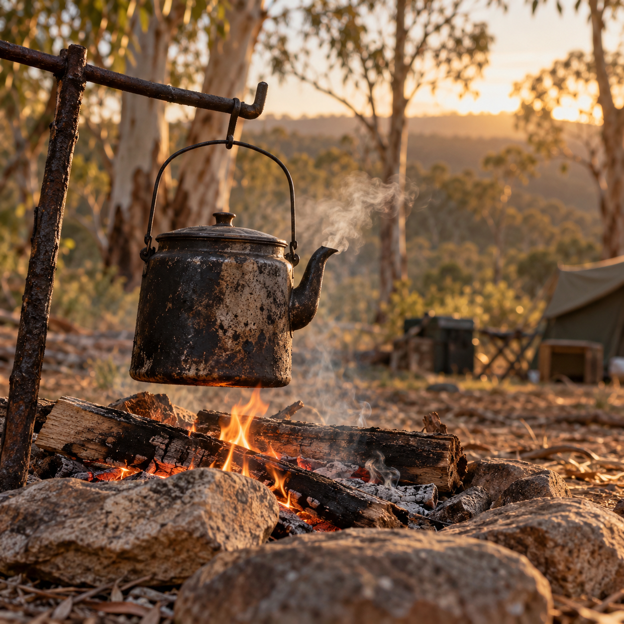 Campfire concept: a blackened billy steaming over a wood fire in the Australian bush at sunset